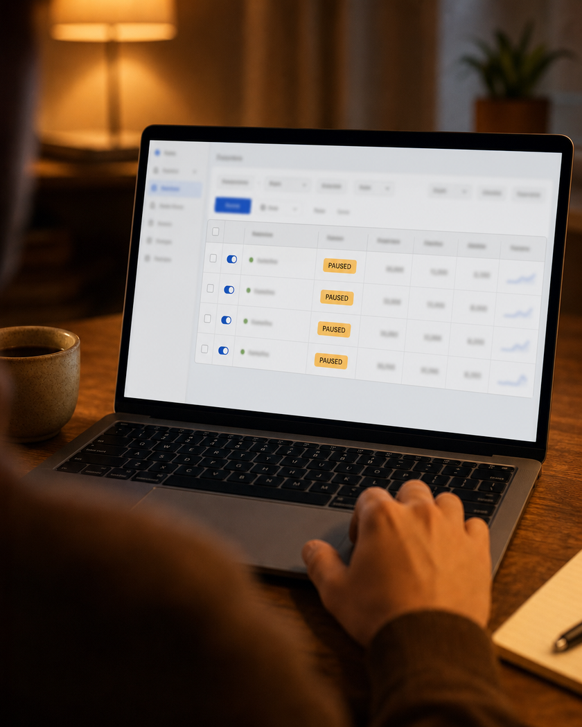 AI-generated brand post for cirka.ai: a laptop showing a generic ads-manager style table where every campaign row carries a PAUSED pill, a hand hovering over the trackpad
