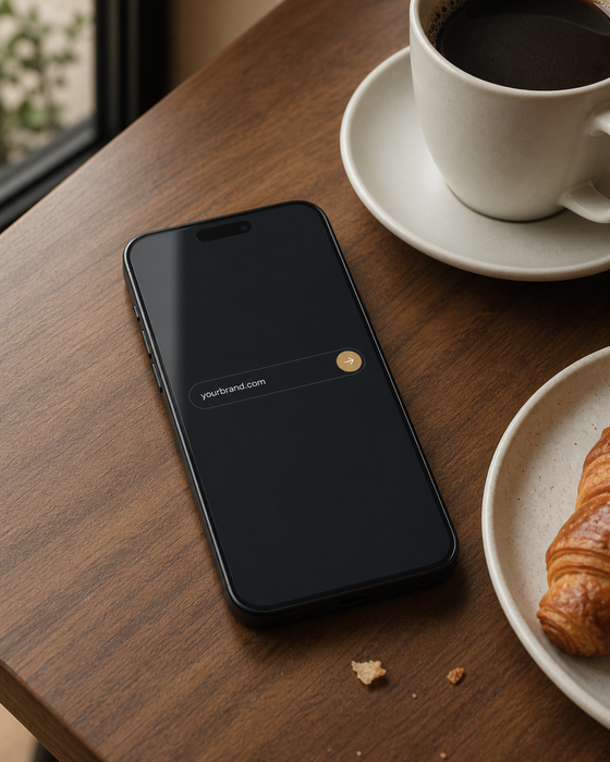 AI-generated brand post for cirka.ai: a phone on a café table showing a single URL field, a coffee beside it, morning light