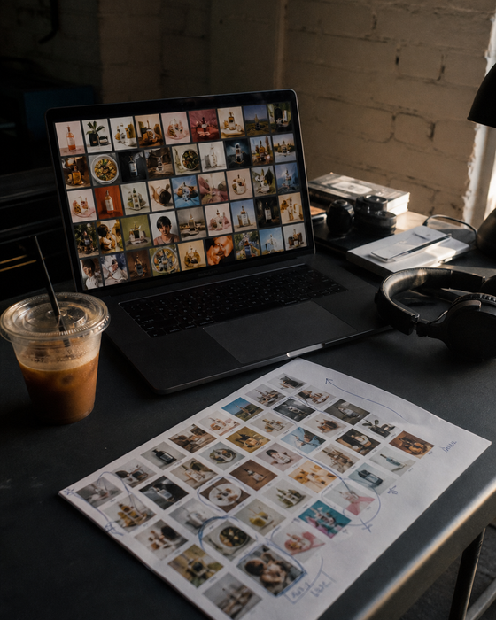 AI-generated brand post for cirka.ai: a small studio desk with a laptop showing a wall of ad renders, a printed contact sheet, coffee, late light