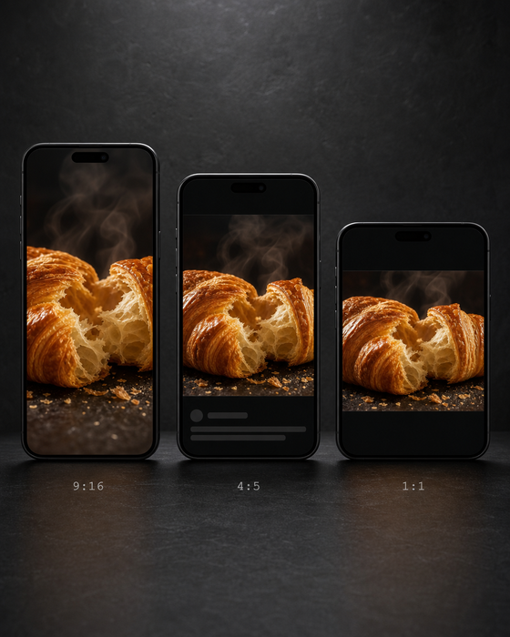 AI-generated brand post for cirka.ai: the same croissant ad shown in three phone-shaped frames — story, feed and square — on a dark surface