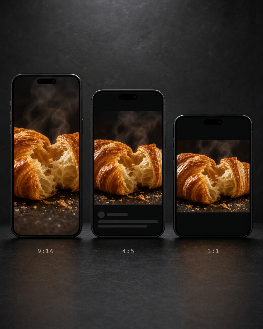 AI-generated brand post for cirka.ai: the same croissant ad shown in three phone-shaped frames — story, feed and square — on a dark surface