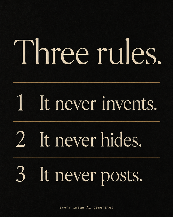 AI-generated brand post for cirka.ai: a dark editorial typographic card listing three rules — never invents, never hides, never posts