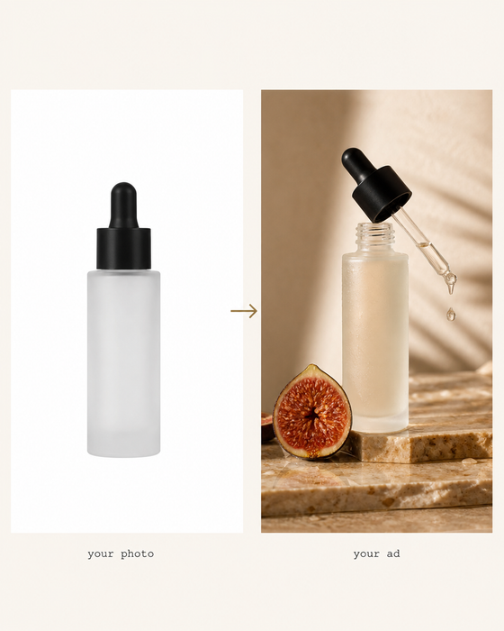 AI-generated brand post for cirka.ai: a plain product photo of an unlabelled serum bottle on the left and the finished editorial ad of the same bottle on the right, a thin arrow between