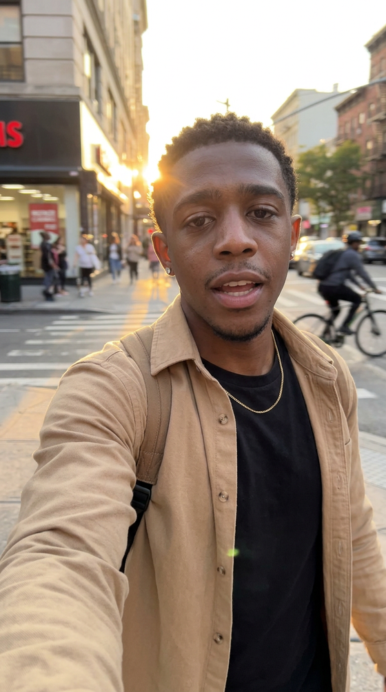AI-generated creator video: Marcus walking through a golden-hour street, talking to the phone at arm's length