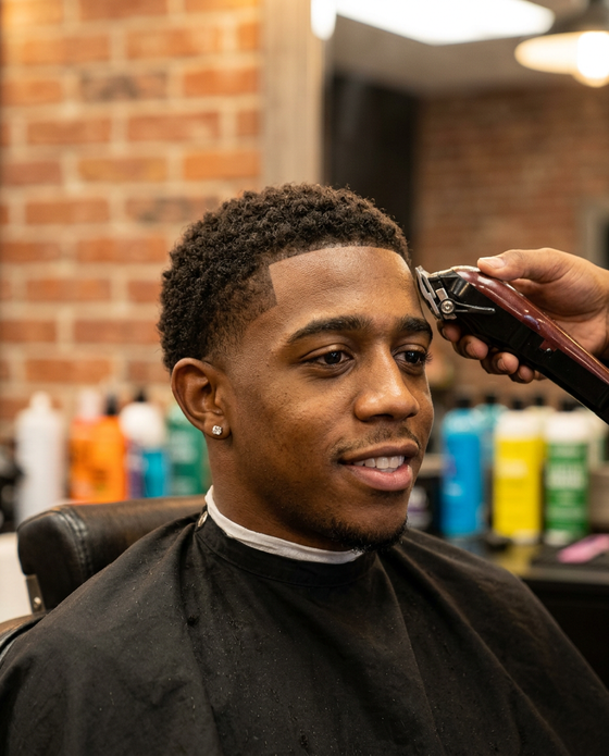 AI-generated creator image: Marcus in a barber's chair with a fresh line-up, looking at the mirror, warm shop light