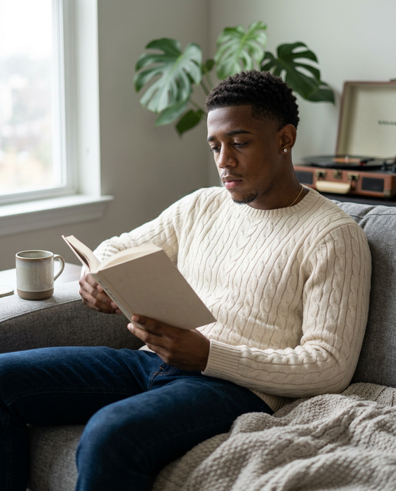 AI-generated creator image: Marcus reading on a sofa on a Sunday in a knit sweater, coffee on the table, soft window light