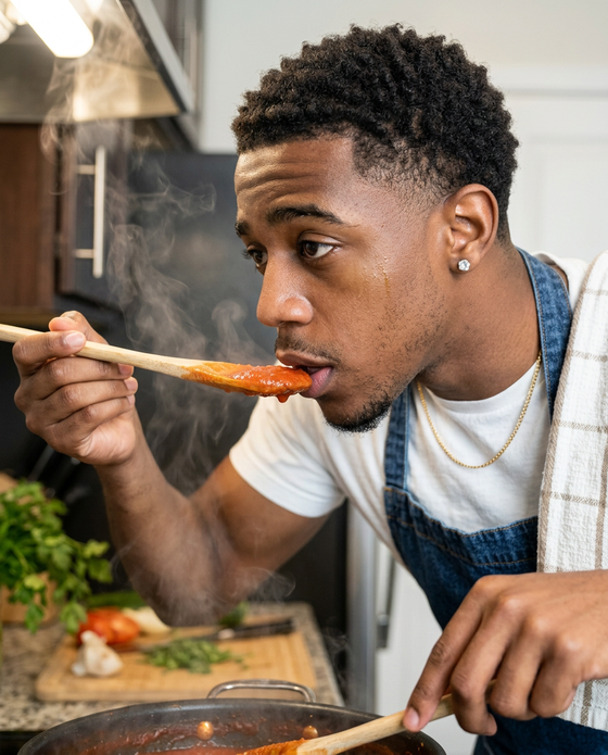 AI-generated creator image: Marcus cooking at a stove, tasting from a wooden spoon, steam and warm light