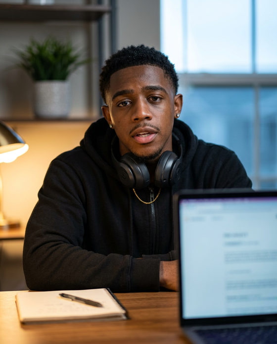 AI-generated creator image: Marcus at a desk with a laptop and headphones, talking to the camera, warm lamp light