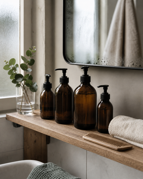 AI-generated ad image: a bathroom shelf with unlabelled amber glass bottles, a linen towel and eucalyptus in soft window light