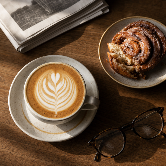 AI-generated ad image: an overhead flat white with rosetta latte art on a walnut table beside a cinnamon bun and a folded newspaper