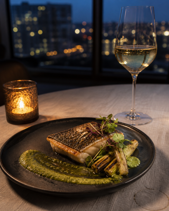 AI-generated ad image: a plated seared fish dish on dark ceramic on a candlelit restaurant table at dusk, city lights blurred outside