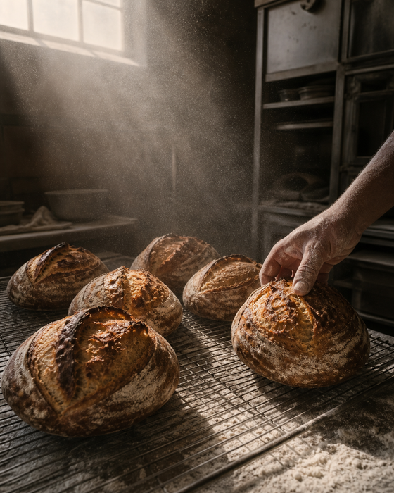 AI-generated ad image: rustic sourdough loaves cooling on a wire rack in a bakery, flour dust in a shaft of morning light