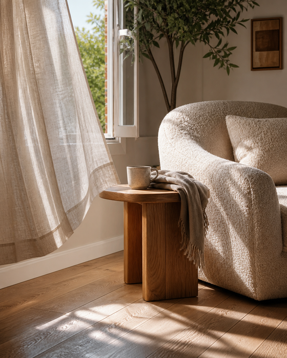 AI-generated ad image: a sunlit living room corner with a boucle armchair, an oak side table and a linen curtain moving in the breeze