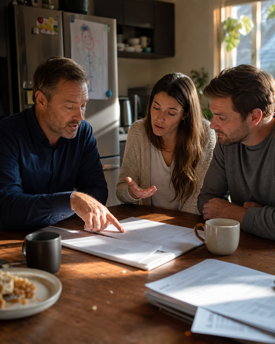 AI-generated ad image: a financial advisor at a kitchen table with a young couple, documents and coffee, evening light