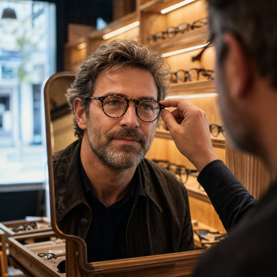 AI-generated ad image: a man trying on tortoiseshell glasses in a warm optician shop, rows of frames blurred behind