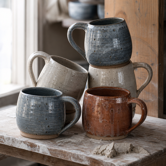 AI-generated ad image: hand-thrown ceramic mugs in oatmeal and slate glazes stacked on a potter's shelf, window light