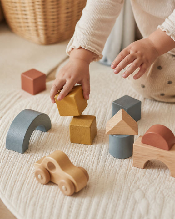 AI-generated ad image: painted wooden toy blocks and a wooden car on a play mat, a toddler's hands reaching in, soft nursery light